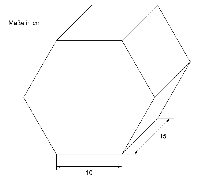 Sechseckige geometrische Figur mit Maßangaben in cm, darunter 10 und 15.